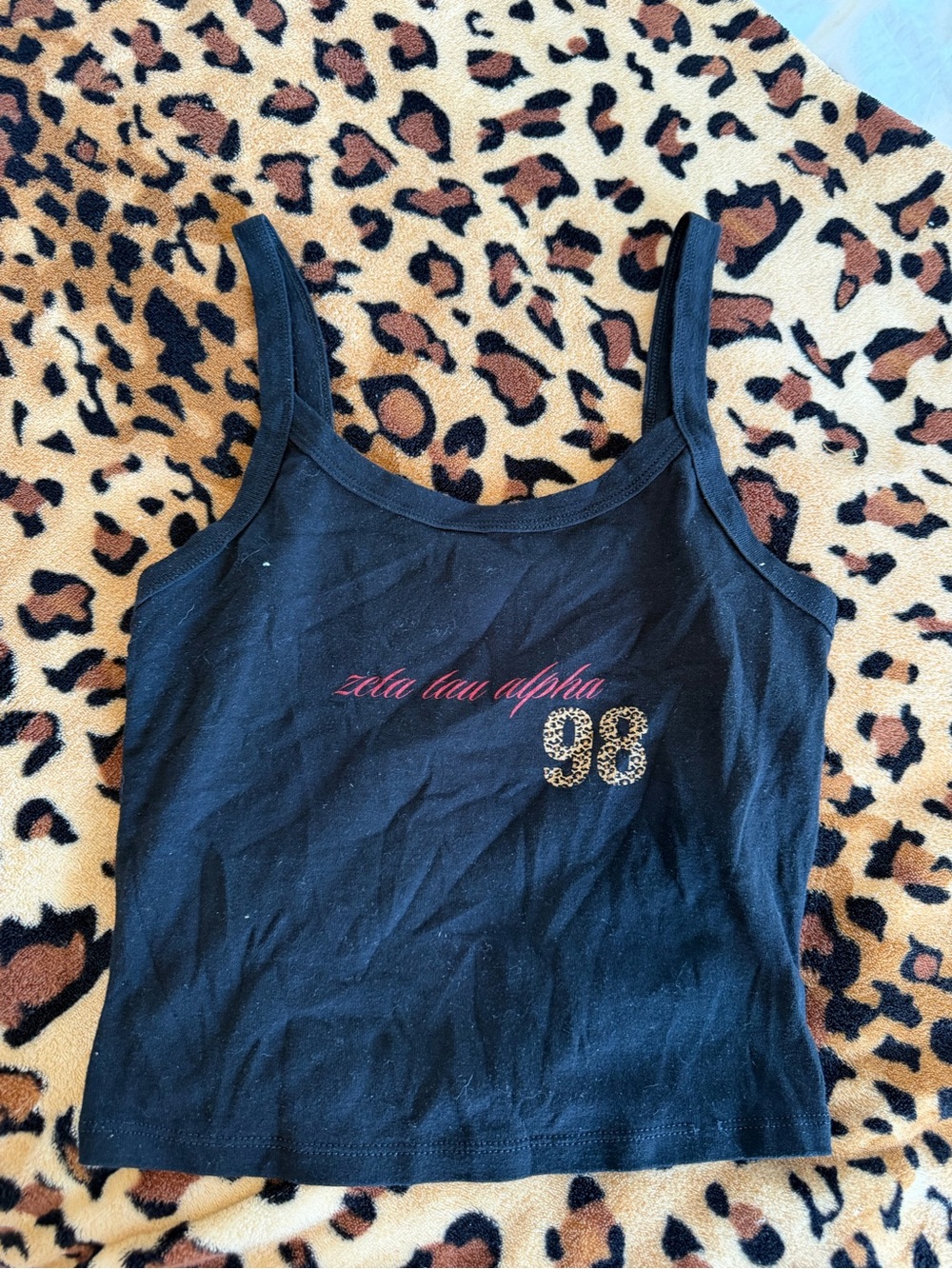 Abella Black Crop Tank with Pink Script and Leopard 98 Accent